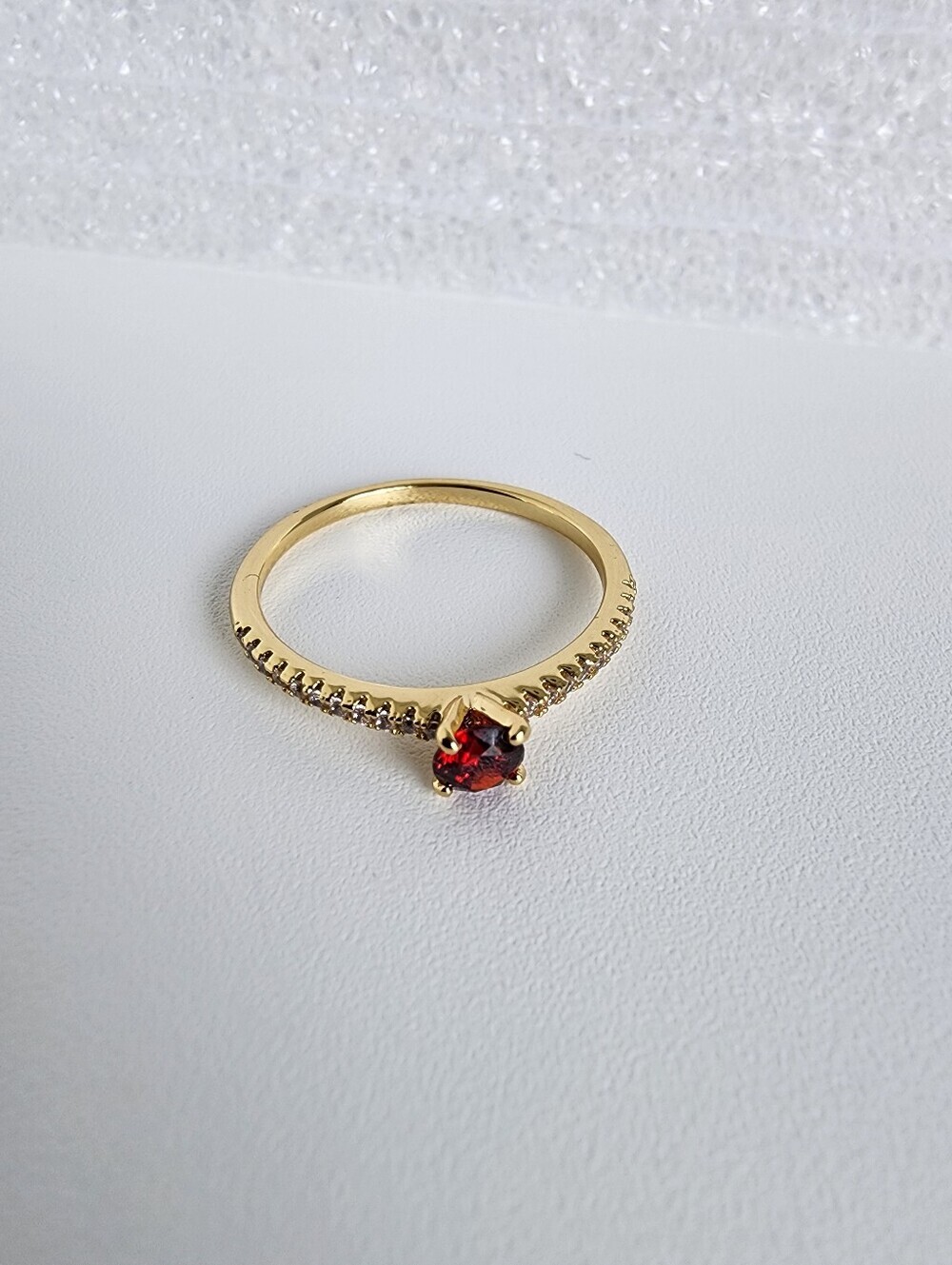 Gold Plated Garnet Red Solitaire Ring CZ Pave Band Dainty Stackable Size 8